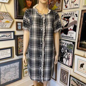 60s Vintage Lane Bryant Plaid Short Sleeve Button Front Robe With Ruffle Trim 3X